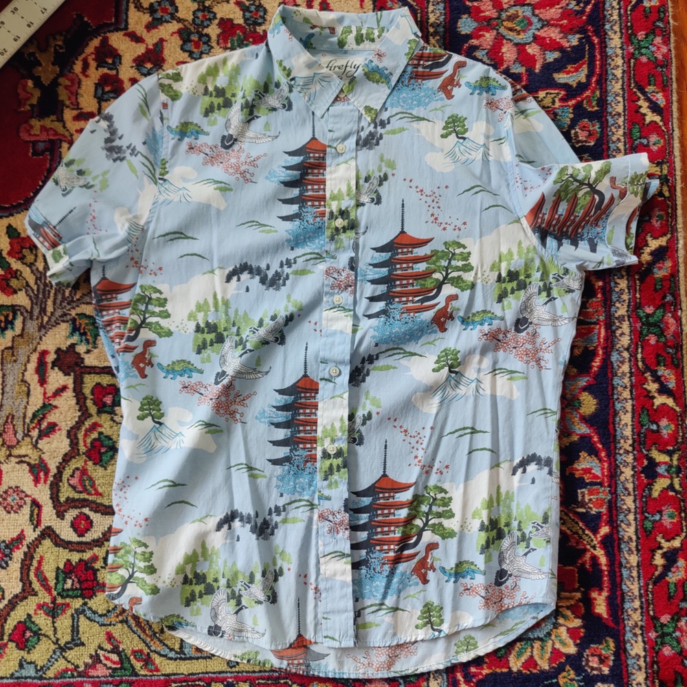 Retro Asian vintage dinosaur short sleeve button up shirt. Firefly lootwear